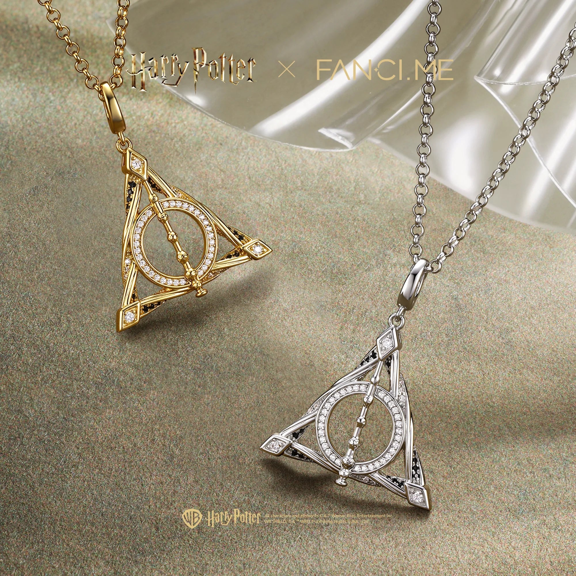 Two geometric pendant necklaces, one gold-tone and one silver-tone, arranged side by side; each has a triangular outline around a circular detail. Harry Potter × FANCIME text appears above them.