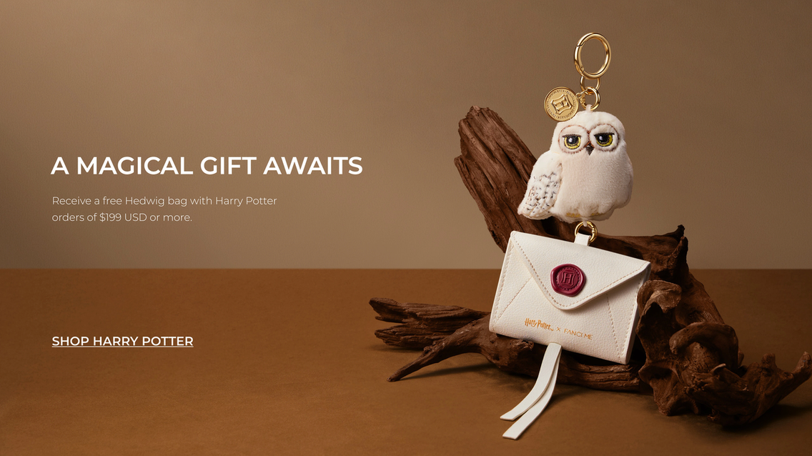White owl charm keyring and envelope pouch with red seal, text 'A Magical Gift Awaits'