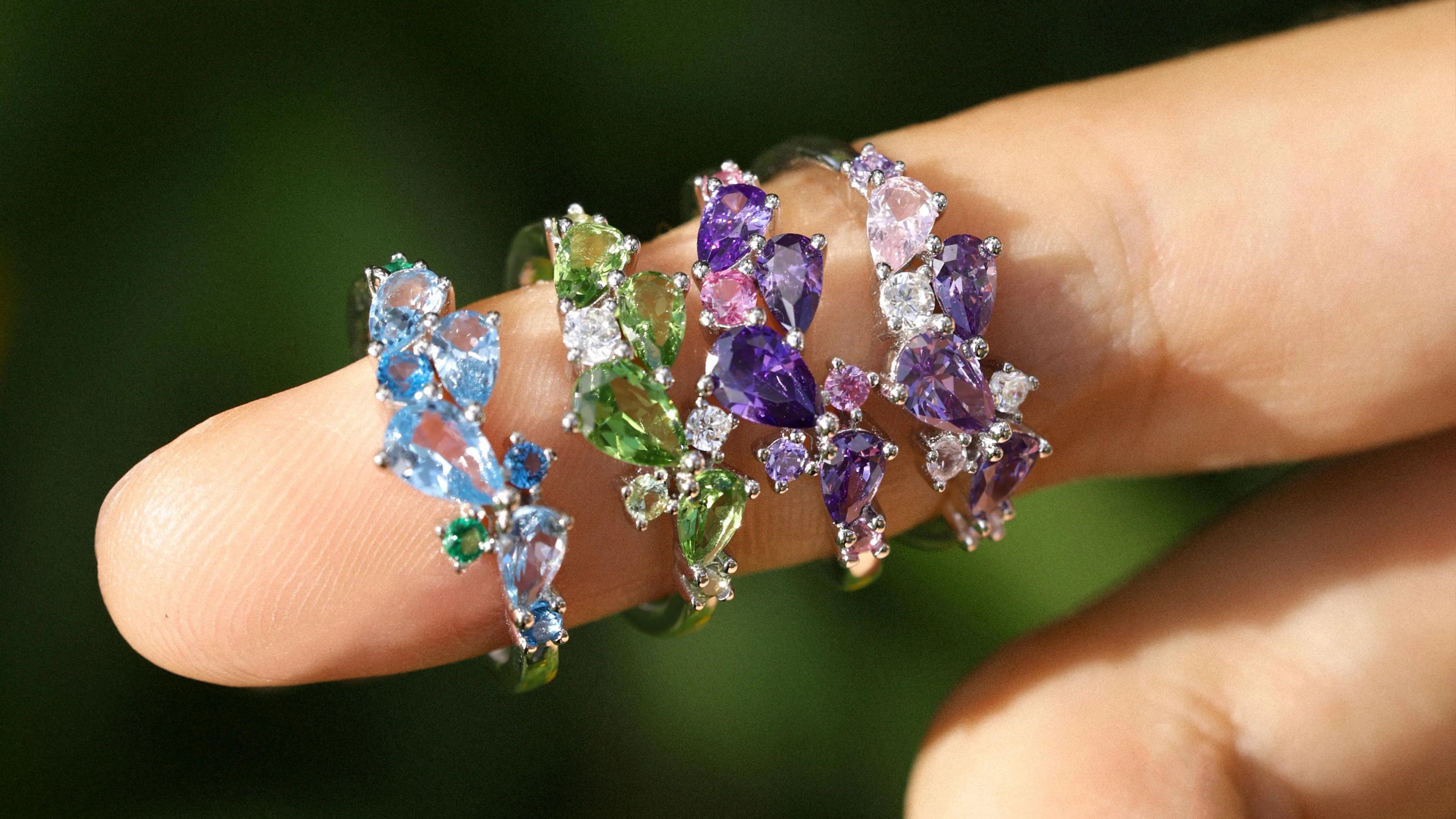Blue,Green,Purple Pink Teardrop Gem Stackable Rings