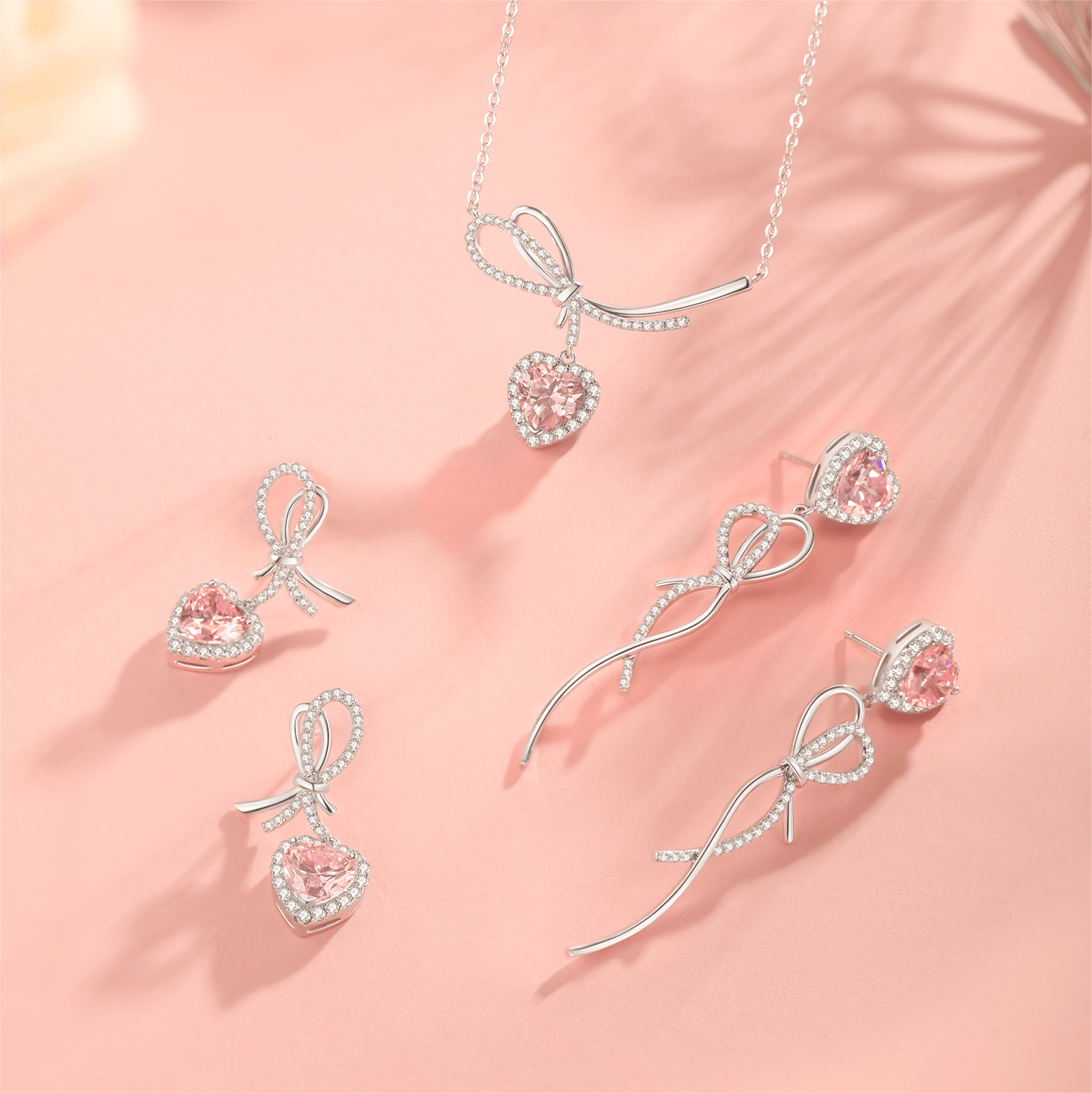 FANCIME “It Is A Crush” Sweet Bow Pink Heart Sterling Silver Necklace Show
