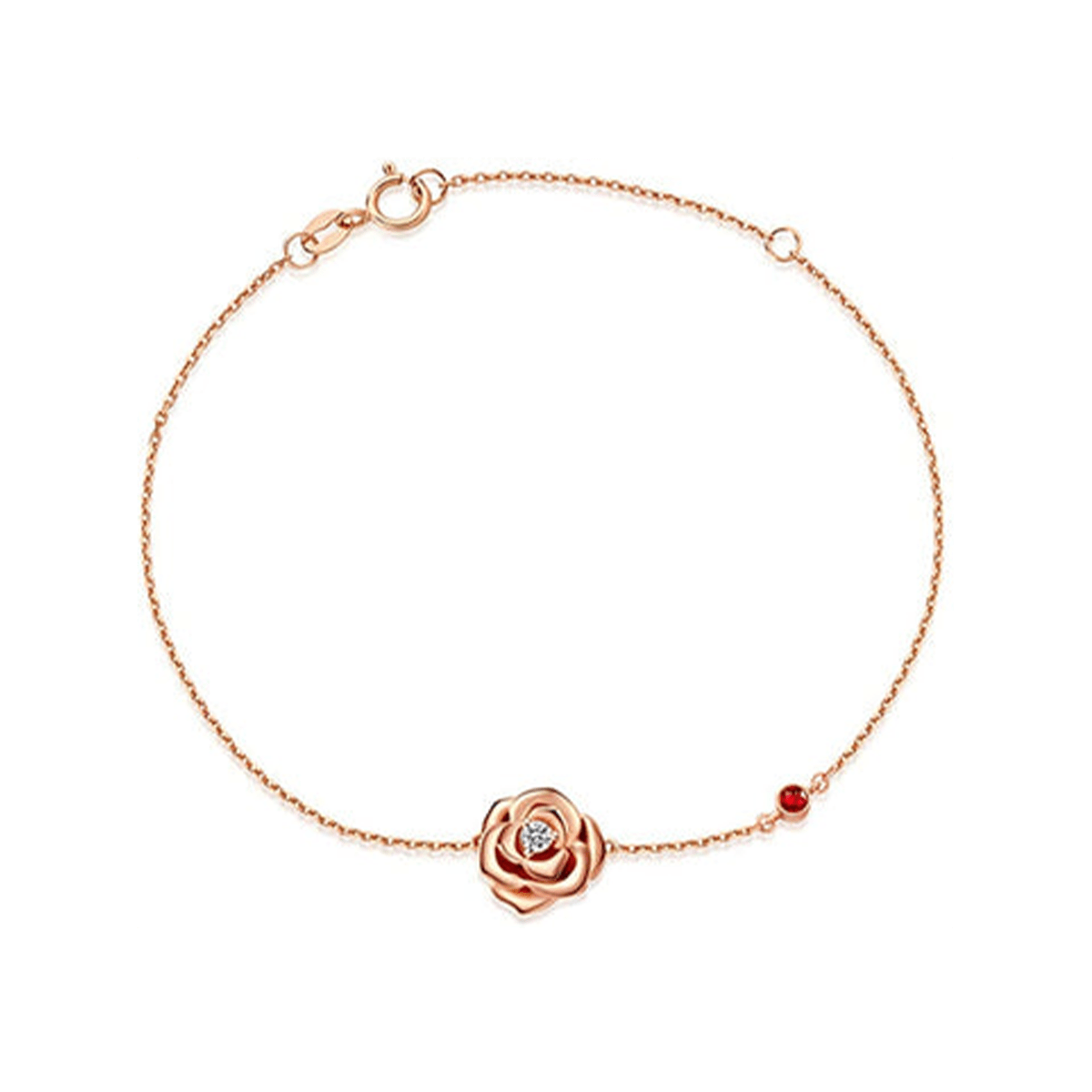 rose flower strand bracelet for women with red ruby and white diamond