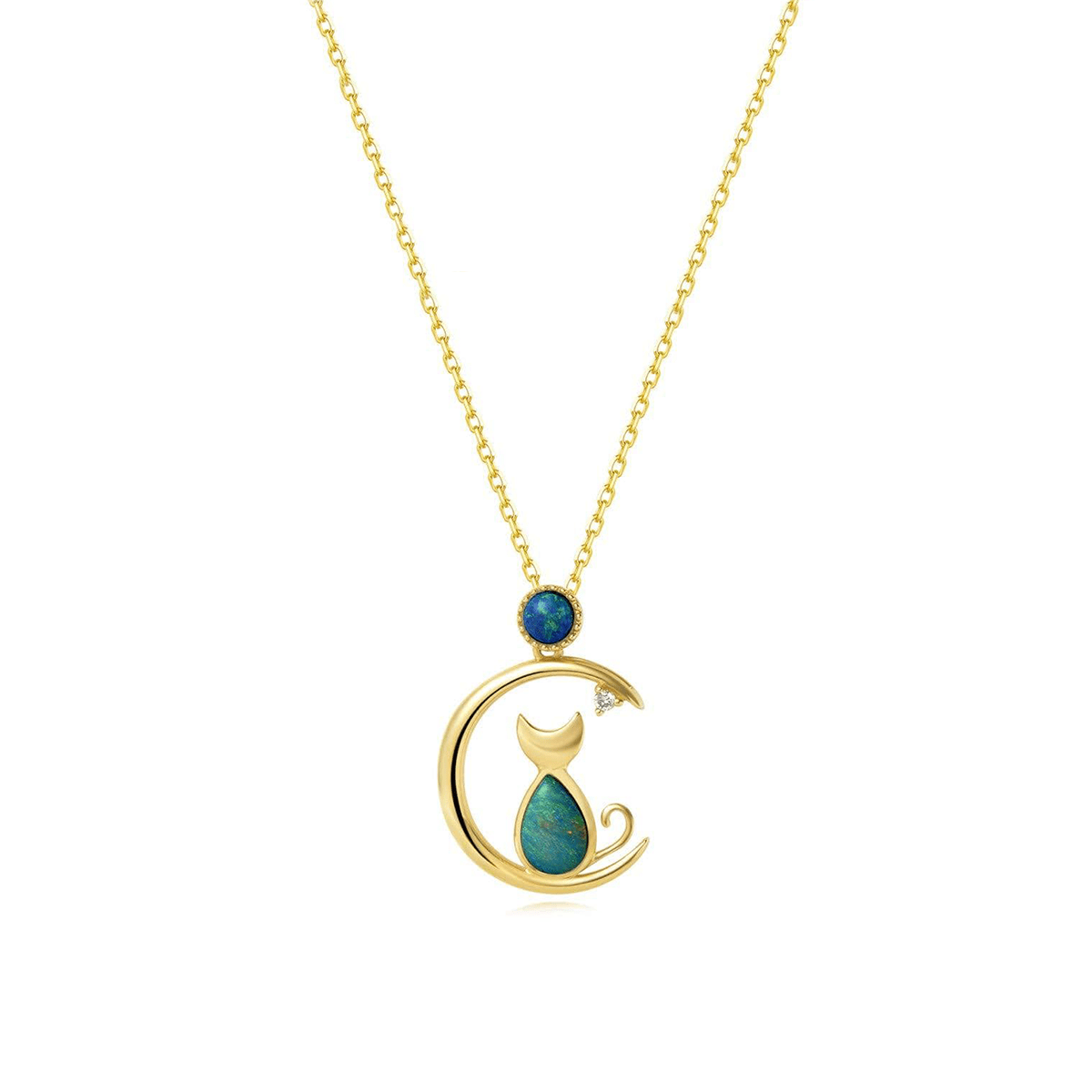 FANCIME Opal Dreamy Moon & Kitten Cat 18K Yellow Gold Necklace Main