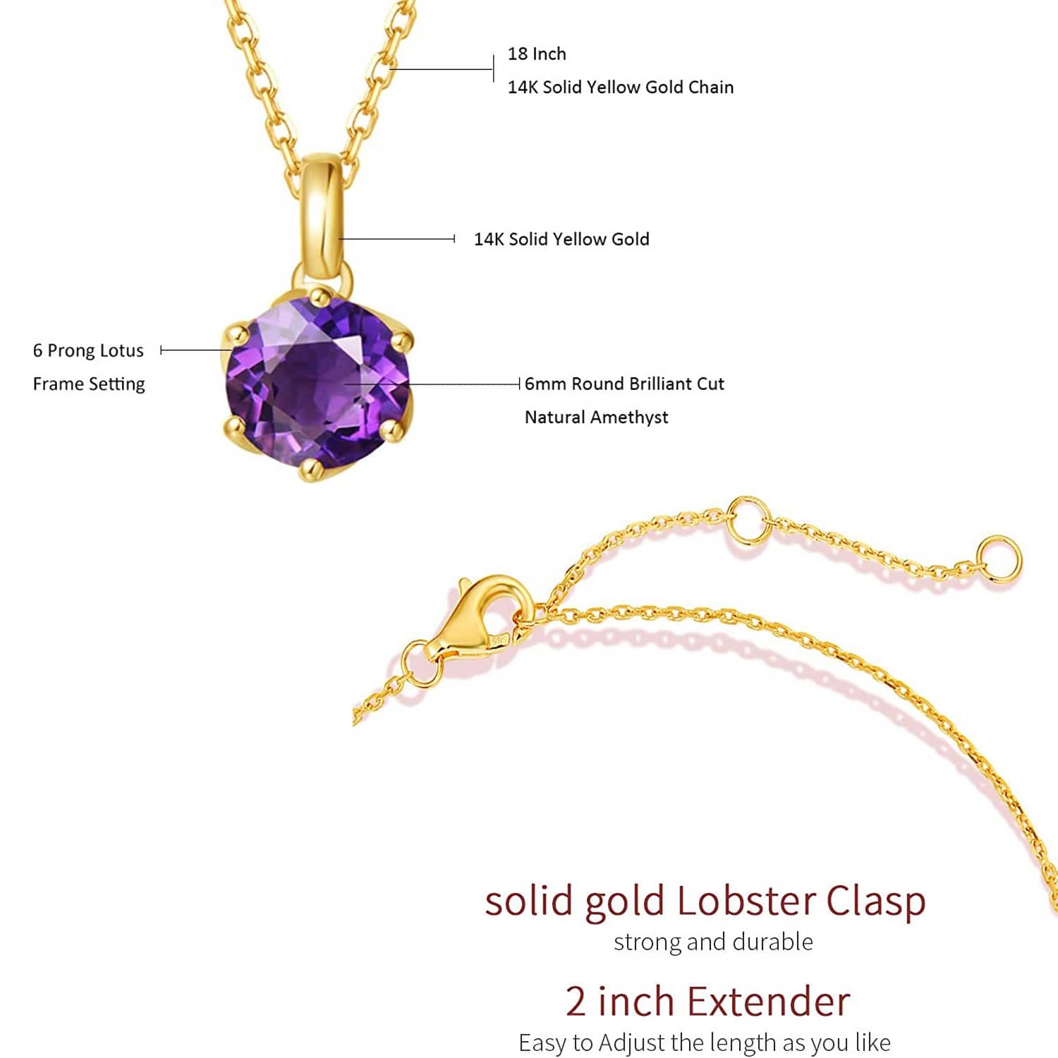 FANCIME Genuine Amethyst Solitaire 14K Yellow Gold Necklace Size