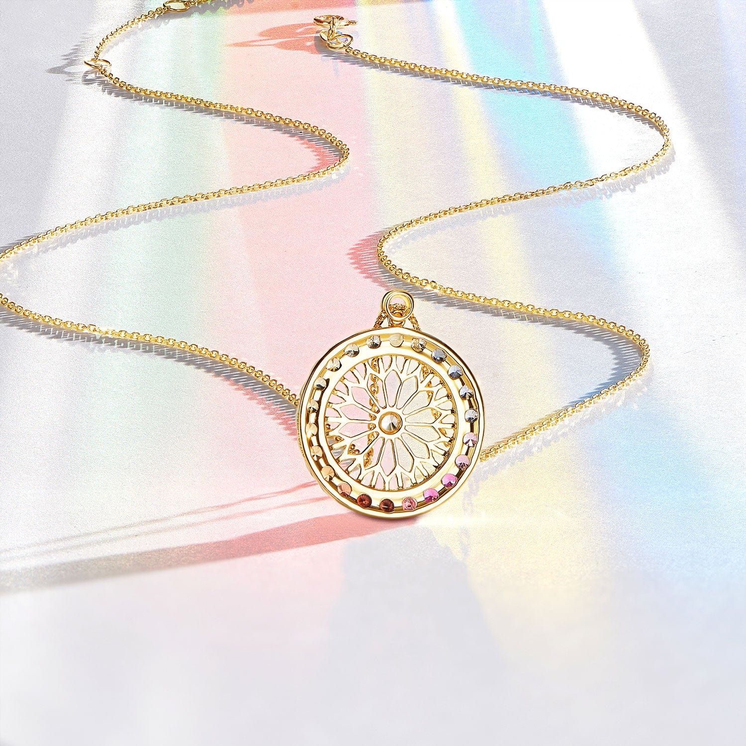 FANCIME "Rainbow Dream Catcher" Multicolor Sapphires Circle 18K Rose Gold Necklace Back
