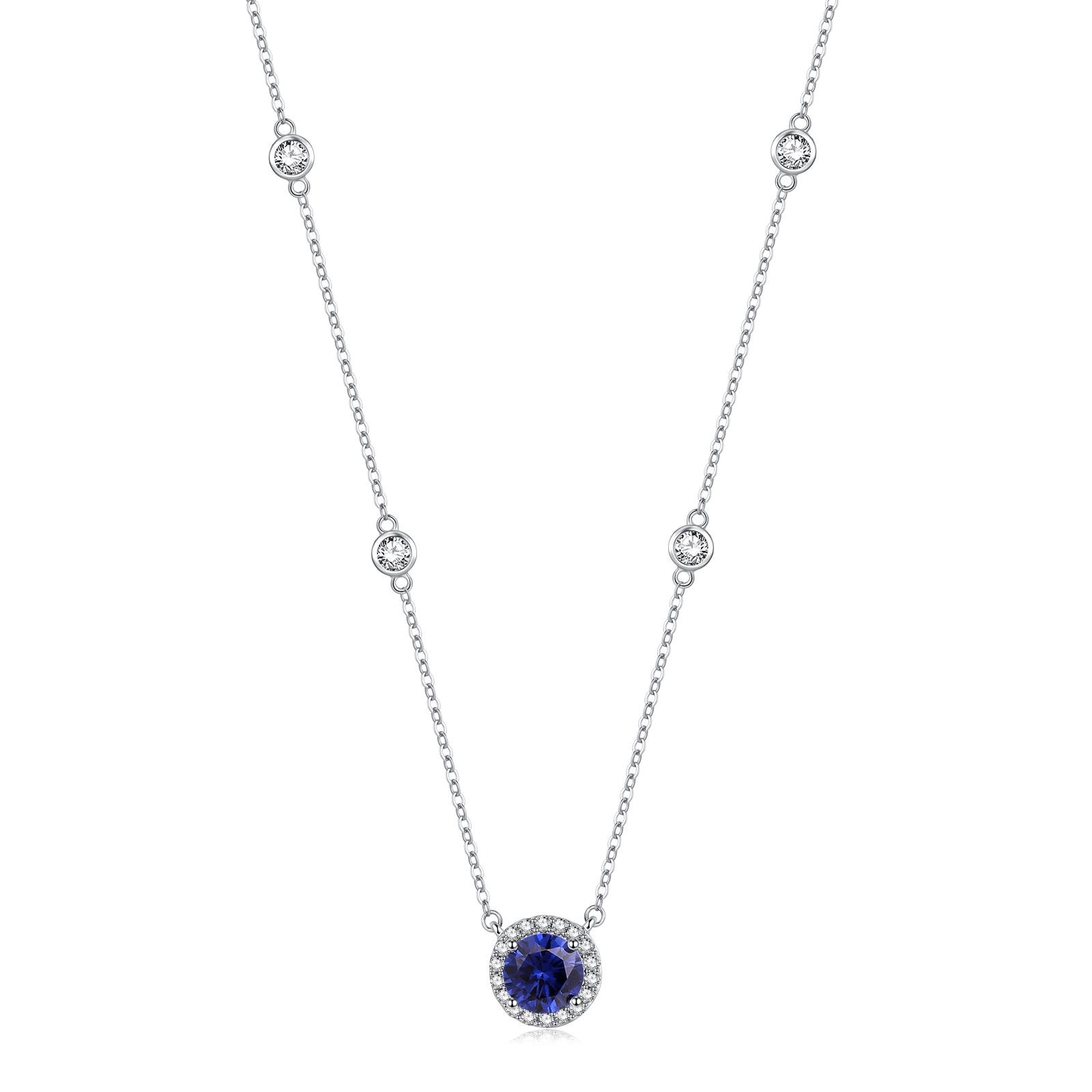 FANCIME "Always Brilliant" Sterling Silver Halo Setting Round Necklace Klein Blue Main
