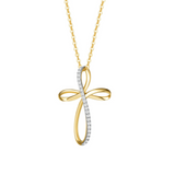 Ribbon design cross necklace in yellow gold paved with white diamonds