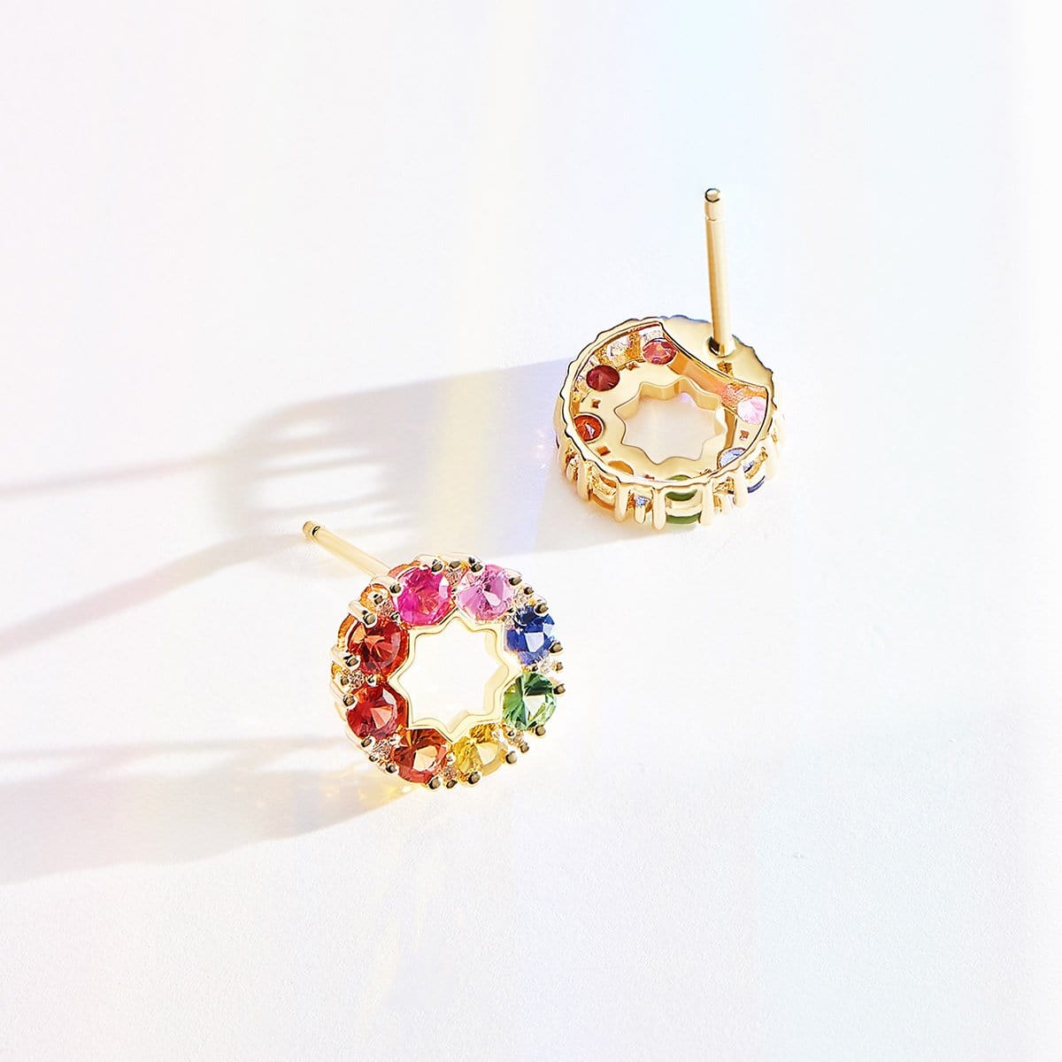 FANCIME "Rainbow Flower" Sapphire Circle 14k Yellow Gold Studs Show