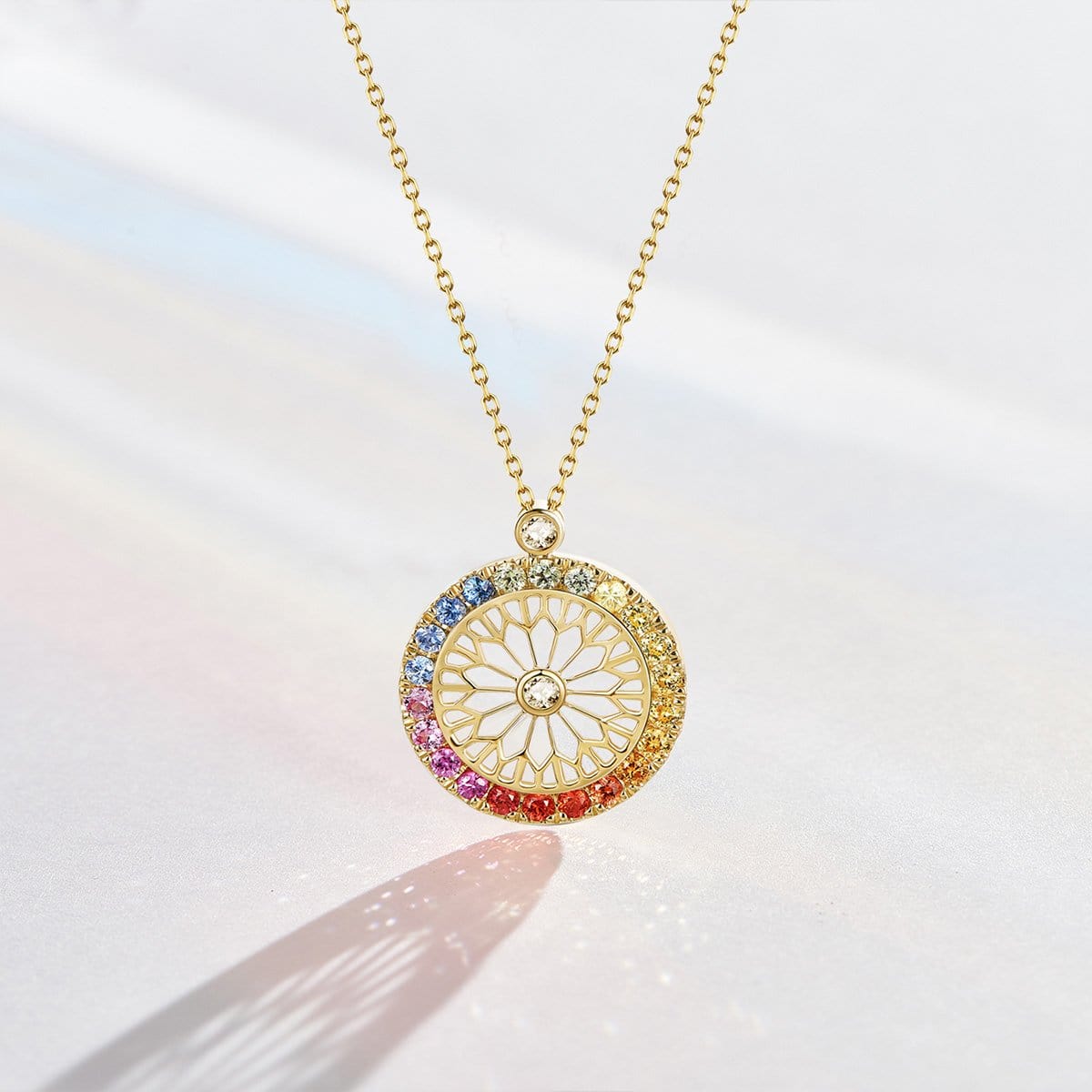 FANCIME "Rainbow Dream Catcher" Multicolor Sapphires Circle 18K Rose Gold Necklace Detail
