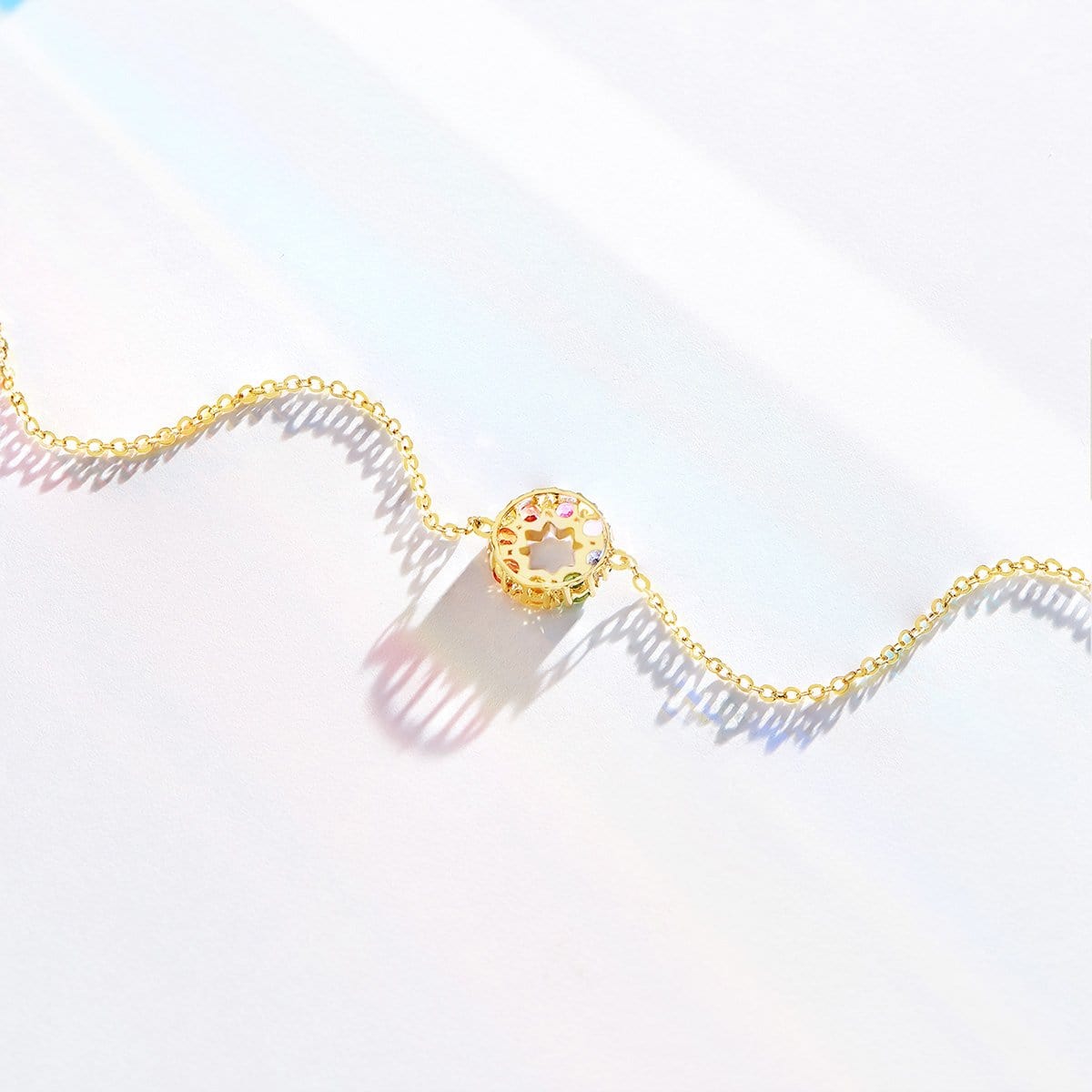 FANCIME "Rainbow Flower" Multicolored Sapphire Circle 14K Yellow Gold Necklace Back