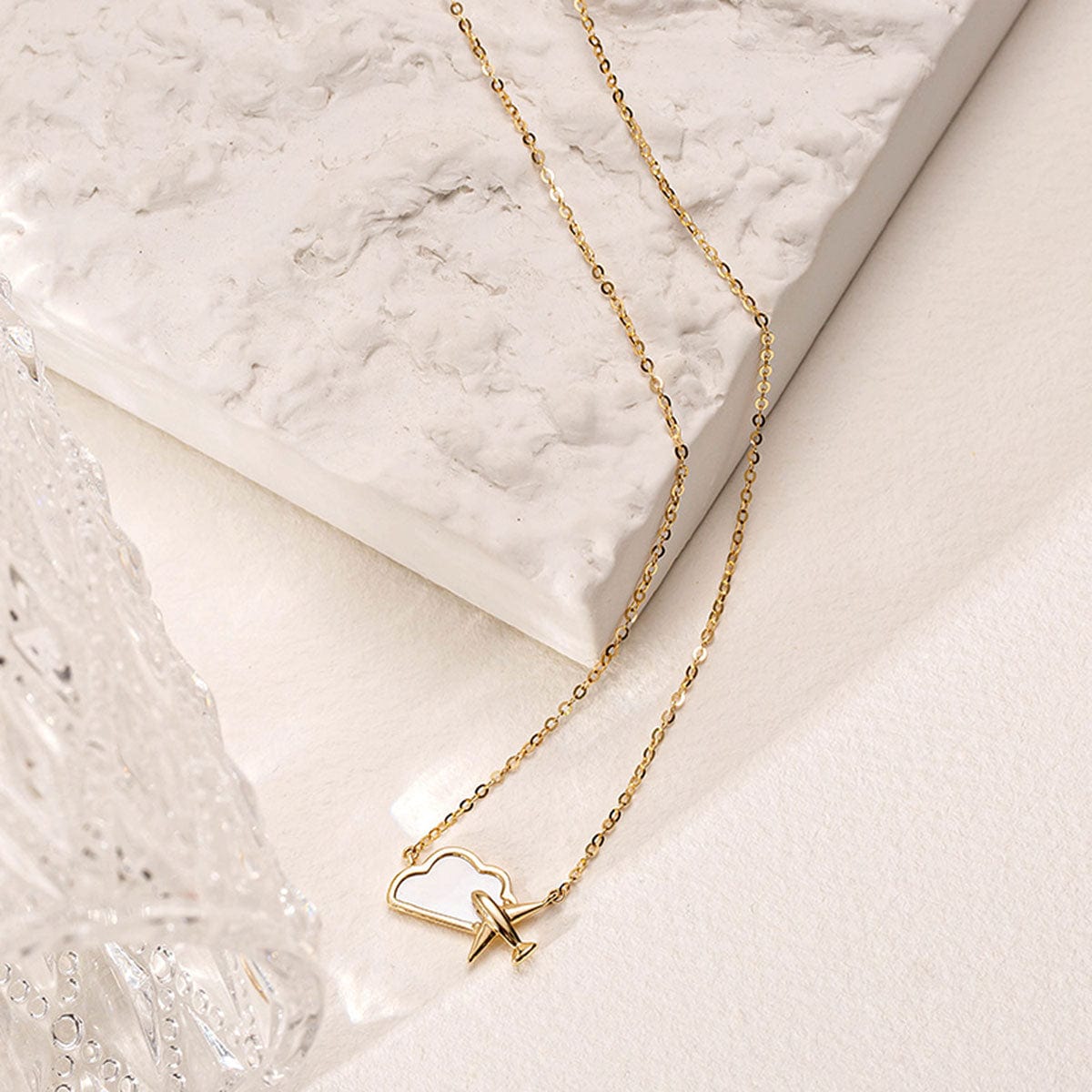 FANCIME "Dreamer" Cloud Mother Of Pearl Airplane 14k Yellow Gold Necklace Full