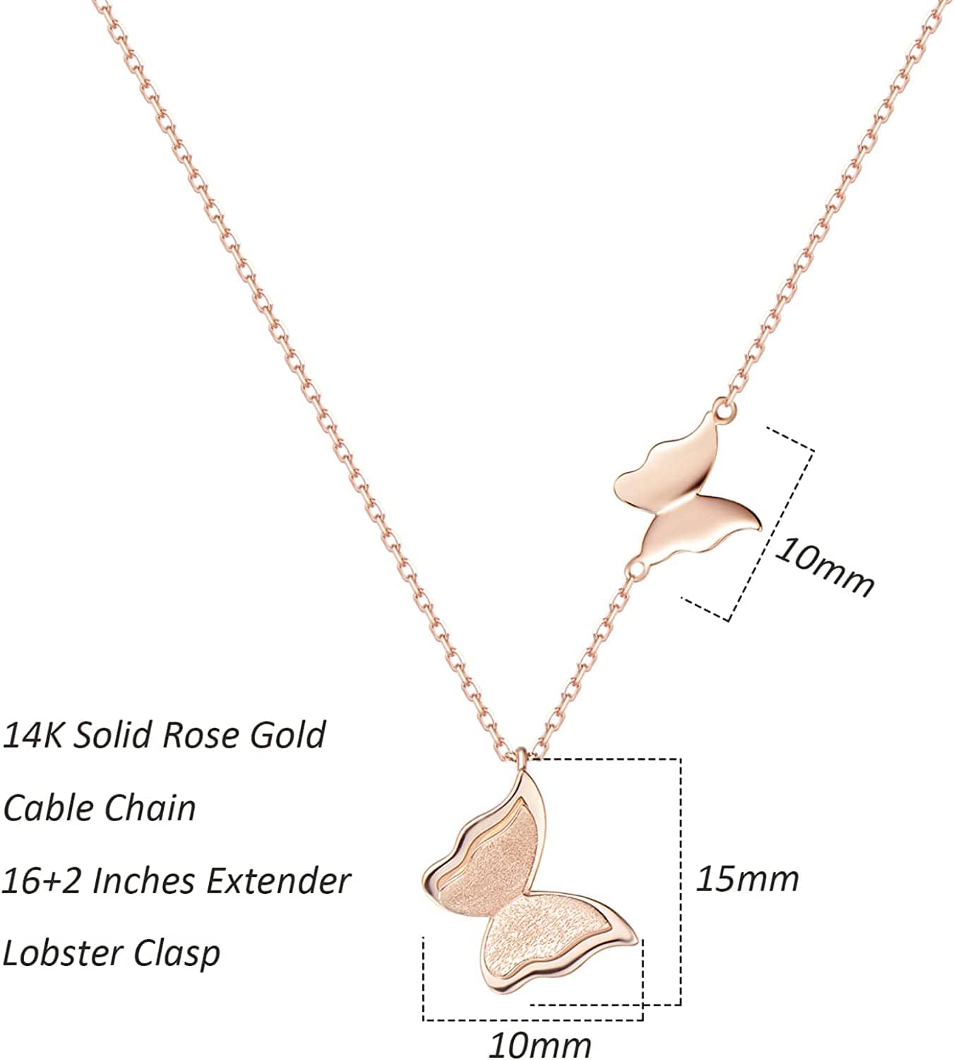 FANCIME "Twinkling Kiss" Butterfly 14K Rose Gold Necklace Size