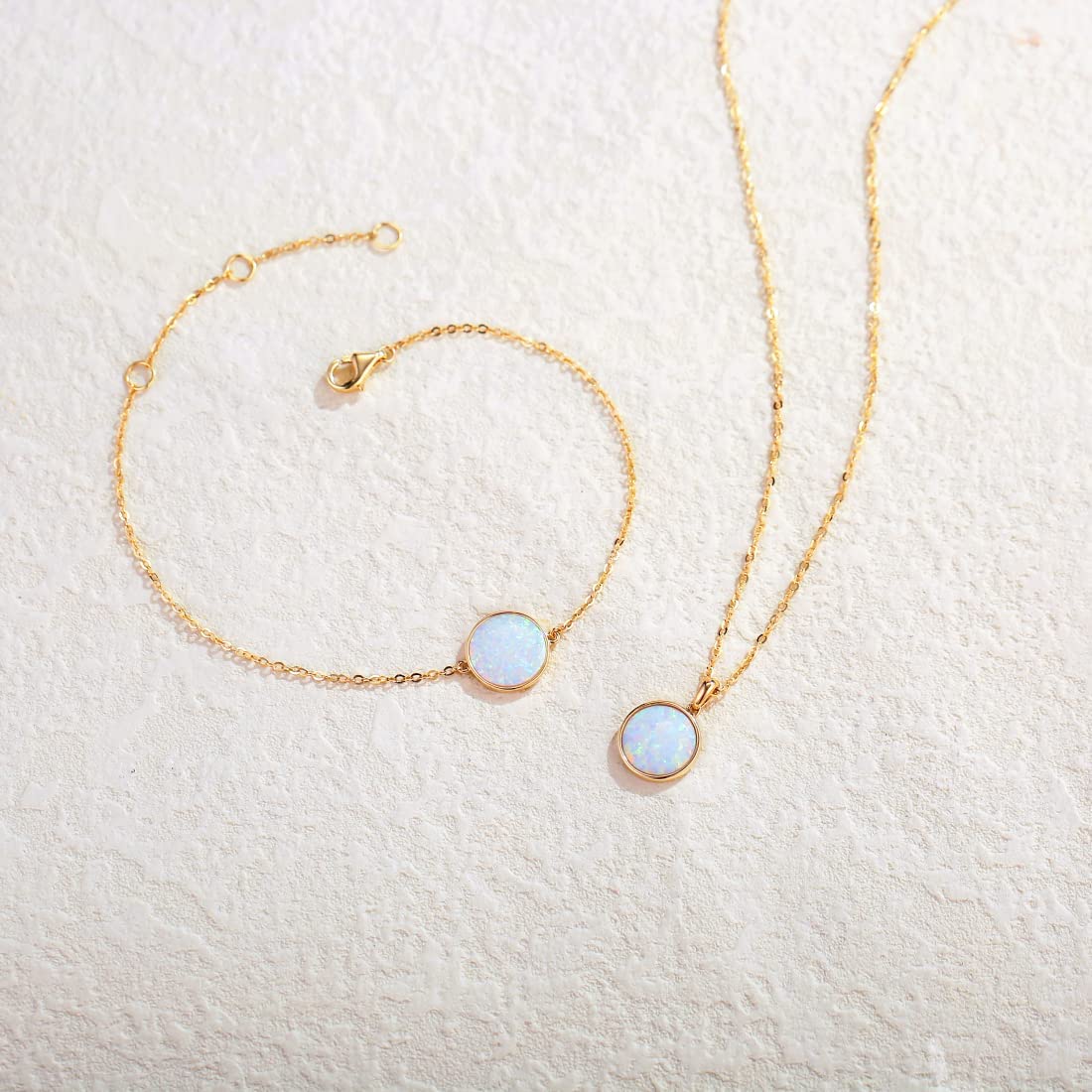 FANCIME Created White Opal Round14K Real Yellow Gold Necklace Full