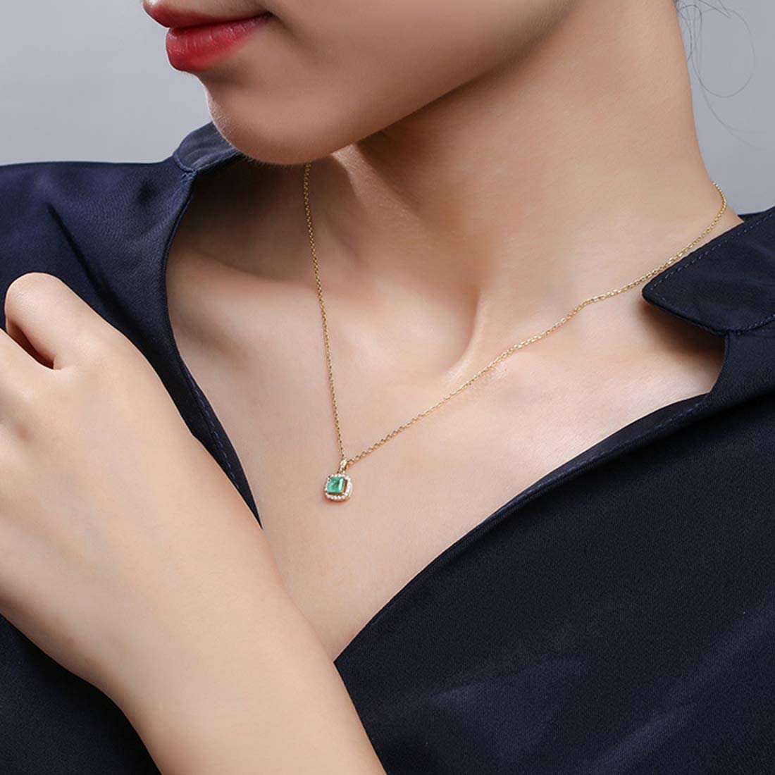 FANCIME "Liza" Vivid Green Emerald 14K Solid Real Yellow Gold Necklace Show