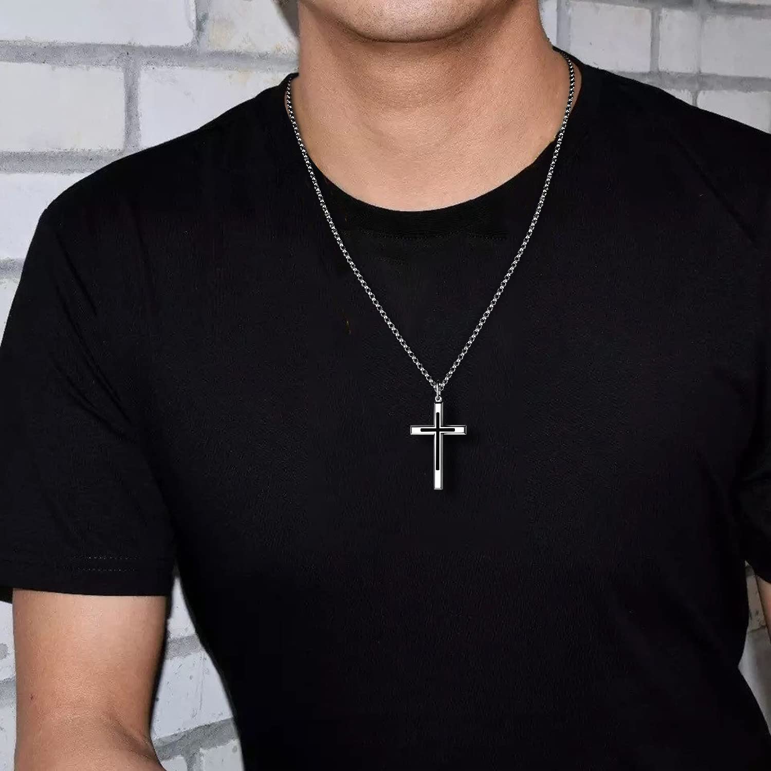 FANCIME Mens Black Highlight Cross 925 Silver Necklace Model