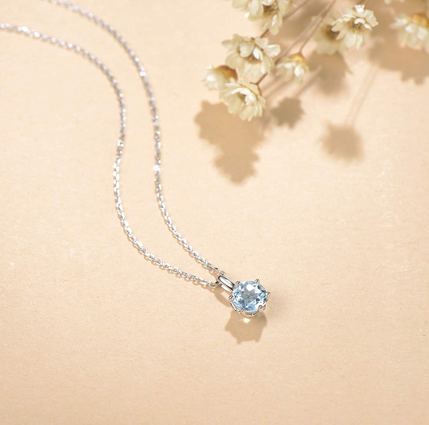 FANCIME Genuine Aquamarine Solitaire 14K White Gold Necklace Full