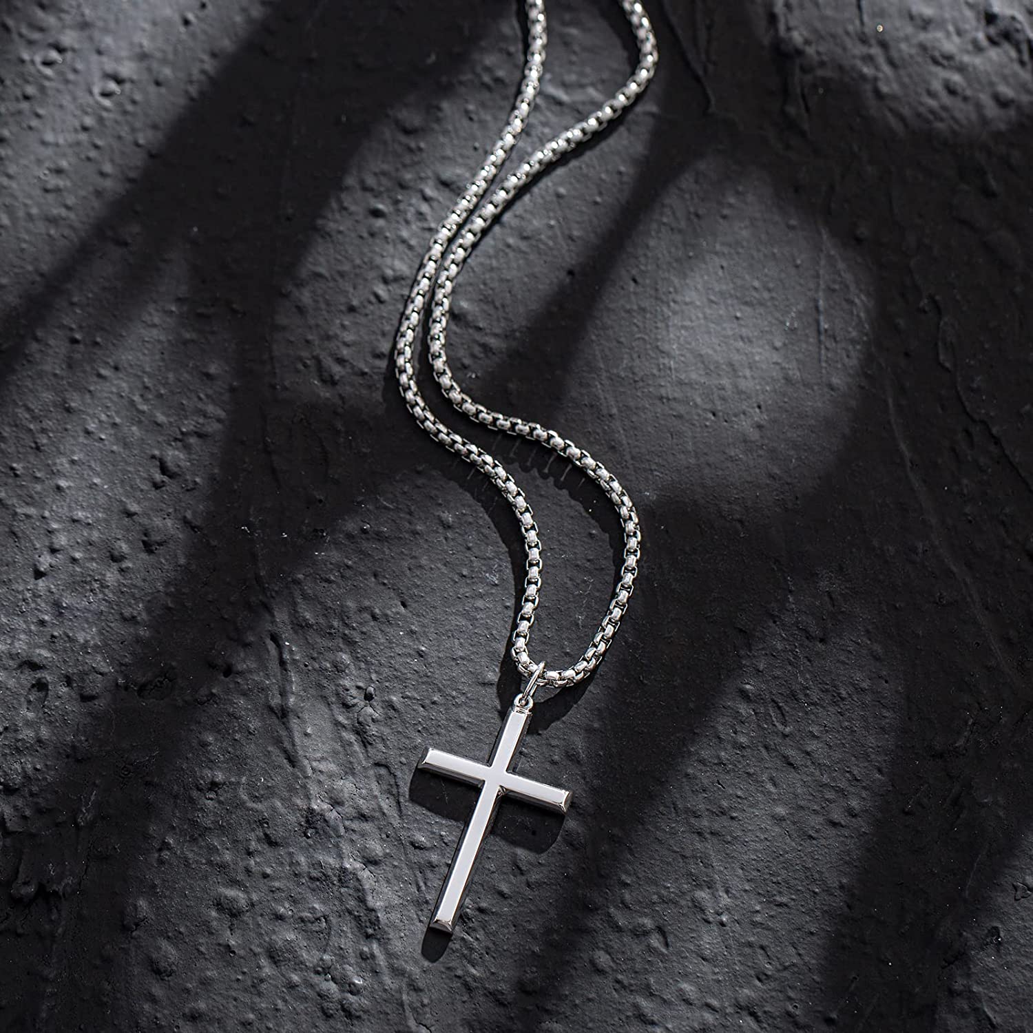 FANCIME Men's Plain Polished Cross Sterling Silver Necklace Full
