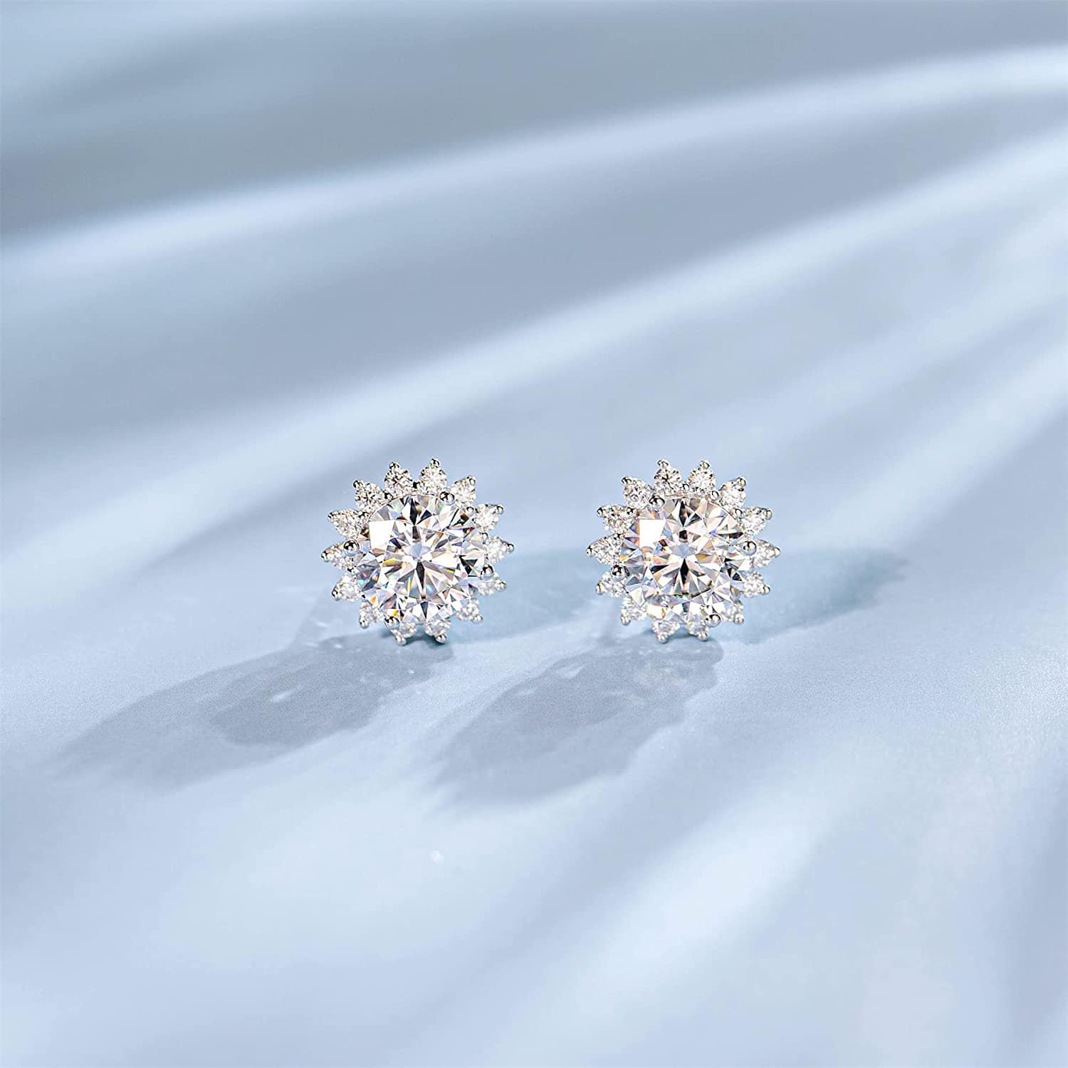 FANCIME 2.2CTTW Moissanite Flower 14K White Gold Stud Earrings Show