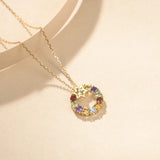 FANCIME "Starry Circle" Multi Gemstone Round 14K Yellow Gold Necklace Detail