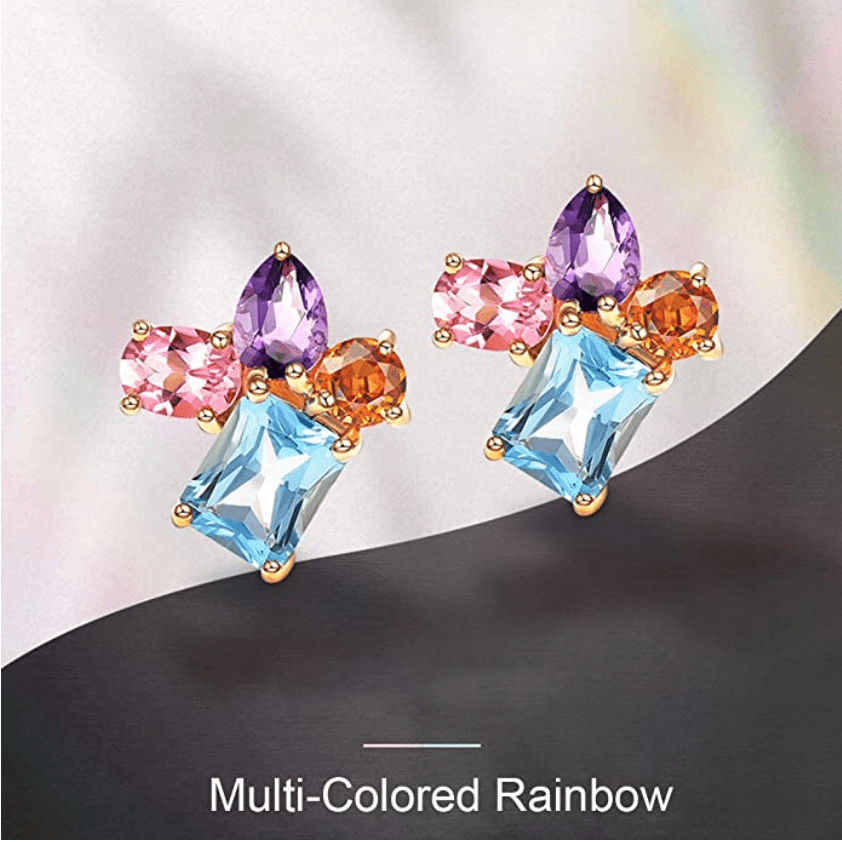 FANCIME 14K Solid Yellow Gold Multicolored Gemstone 1.4cttw Citrine/Topaz/Amethyst/Pink Tourmaline Stud Earrings For Women - FANCI ME
