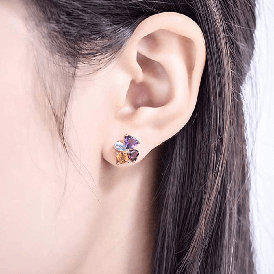 14K Solid Yellow Gold Multi Color Gemstone Genuine Citrine Topaz Amethyst Garnet Flower Earring Studs for Her