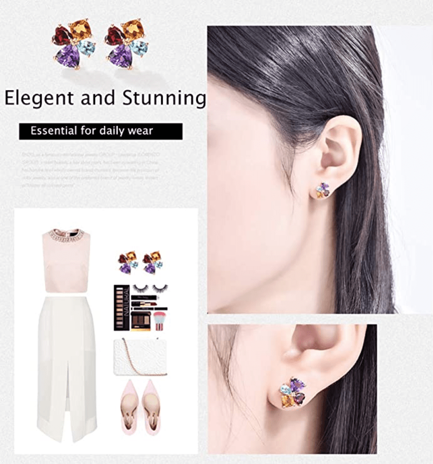 FANCIME 14K Solid Yellow Gold 2.6 Carat Multicolored Gemstone Genuine Citrine Topaz Amethyst Garnet Flower Stud Earrings for Women Girls 