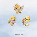 yellow gold post earrings with color sapphire stones